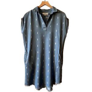 Women's S Thread & Supply Denim Chambray V-Neck Pockets Shirt Dress Raw Hem